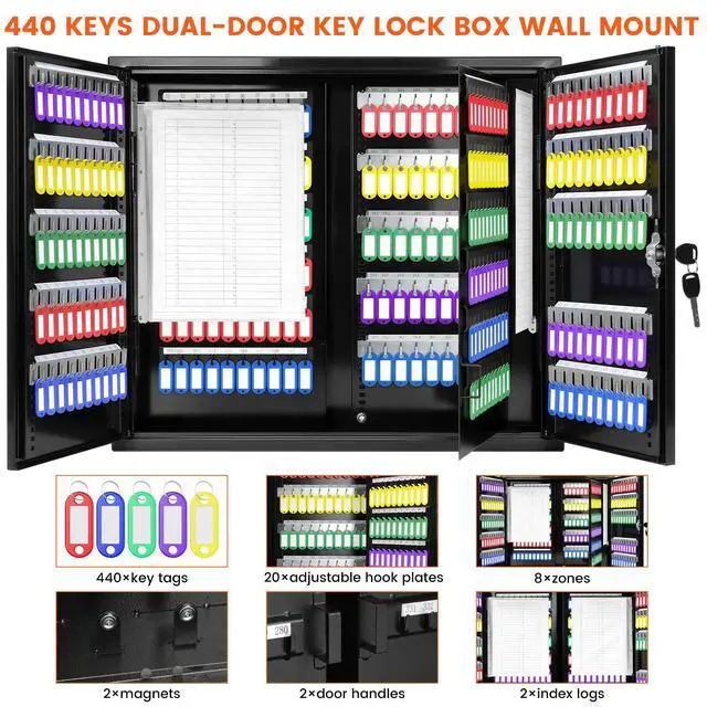 Alt view image 3 of 7 - 440 Keys Dual-Door Key Lock Box Wall Mount with 20 Adjustable Hook Plates, Numbered Hooks and Tags, Steel Key Cabinet with Index Log, Key Storage Box Key Organizer for Garage Home Office, Black