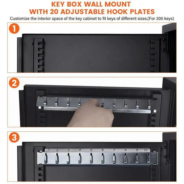 Alt view image 4 of 7 - 440 Keys Dual-Door Key Lock Box Wall Mount with 20 Adjustable Hook Plates, Numbered Hooks and Tags, Steel Key Cabinet with Index Log, Key Storage Box Key Organizer for Garage Home Office, Black
