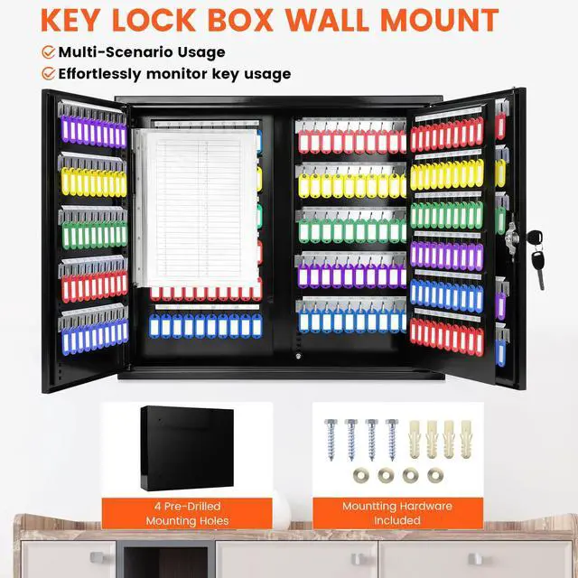 Alt view image 5 of 7 - 440 Keys Dual-Door Key Lock Box Wall Mount with 20 Adjustable Hook Plates, Numbered Hooks and Tags, Steel Key Cabinet with Index Log, Key Storage Box Key Organizer for Garage Home Office, Black