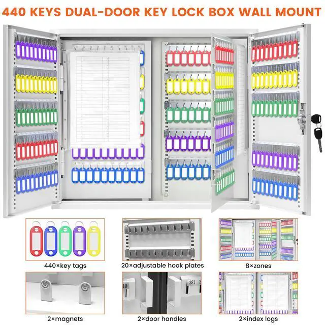 Alt view image 3 of 7 - 440 Keys Dual-Door Key Lock Box Wall Mount with 20 Adjustable Hook Plates | Mechanical Lock, Key Return Drop Slot, Solid Alloy Steel Construction, Key Box for Garage Home Office Rental Business, Black