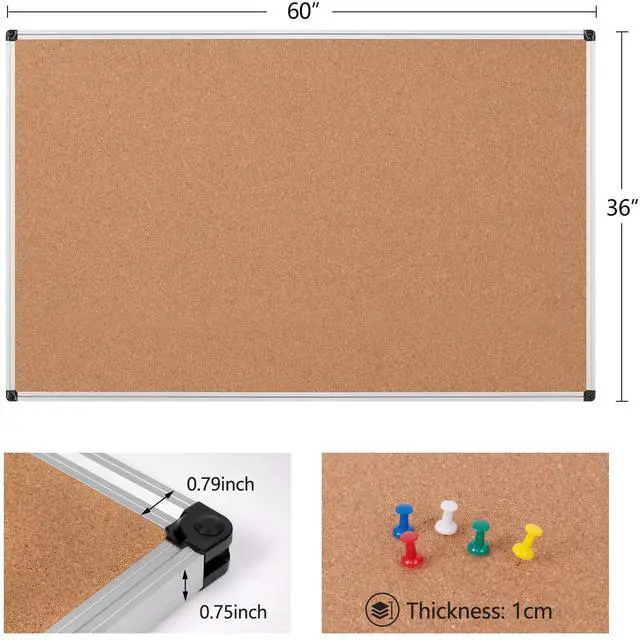 Alt view image 6 of 7 - Extra Large Cork Bulletin Board 60" X 36", Silver Aluminum Framed 5'x3' Corkboard for Wall, Wall Mounted Notice Pin Board with 18 Push Pins for School, Home & Office