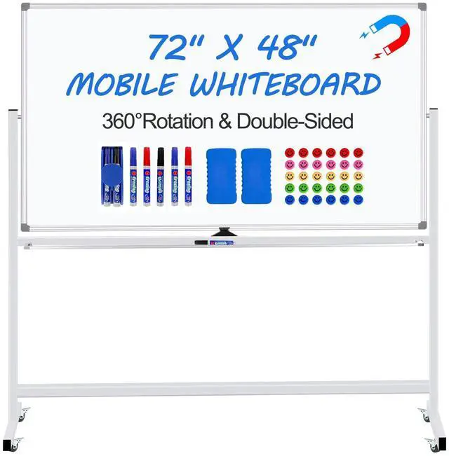 Main image of Magnetic White Board Dry Erase Whiteboard with Rolling Stand 72"x48" Double-Sided Mobile Large White Board on Wheels, Including 3 Magnetic Erasers, 7 Markers, 30 Magnets