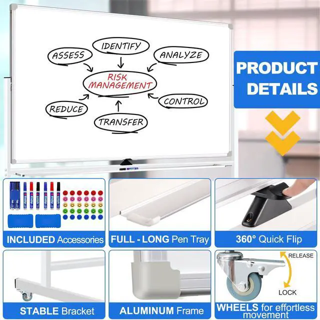 Alt view image 4 of 7 - Magnetic White Board Dry Erase Whiteboard with Rolling Stand 72"x48" Double-Sided Mobile Large White Board on Wheels, Including 3 Magnetic Erasers, 7 Markers, 30 Magnets