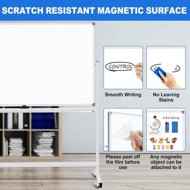 Alt view image 3 of 7 - Magnetic White Board Dry Erase Whiteboard with Rolling Stand 72"x48" Double-Sided Mobile Large White Board on Wheels, Including 3 Magnetic Erasers, 7 Markers, 30 Magnets