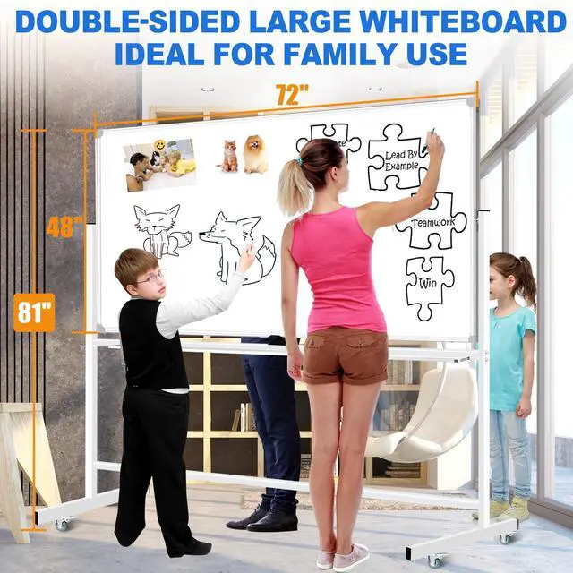 Alt view image 6 of 7 - Magnetic White Board Dry Erase Whiteboard with Rolling Stand 72"x48" Double-Sided Mobile Large White Board on Wheels, Including 3 Magnetic Erasers, 7 Markers, 30 Magnets