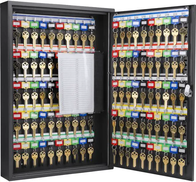 Main image of 100-Position Key Lock Box Solid Steel Key Cabinet with Adjustable Numbered Hooks, Key Log Sheet, Color Tags & Index Chart Wall-Mount Organizer, Black Finish Key Organizer Keybox