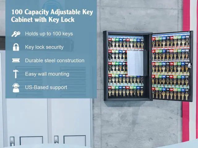 Alt view image 3 of 7 - 100-Position Key Lock Box Solid Steel Key Cabinet with Adjustable Numbered Hooks, Key Log Sheet, Color Tags & Index Chart Wall-Mount Organizer, Black Finish Key Organizer Keybox