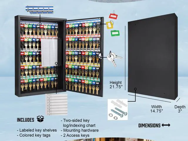 Alt view image 4 of 7 - 100-Position Key Lock Box Solid Steel Key Cabinet with Adjustable Numbered Hooks, Key Log Sheet, Color Tags & Index Chart Wall-Mount Organizer, Black Finish Key Organizer Keybox