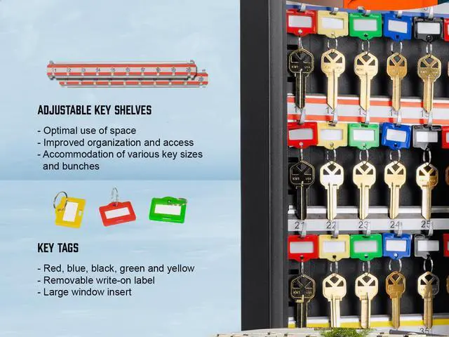 Alt view image 6 of 7 - 100-Position Key Lock Box Solid Steel Key Cabinet with Adjustable Numbered Hooks, Key Log Sheet, Color Tags & Index Chart Wall-Mount Organizer, Black Finish Key Organizer Keybox