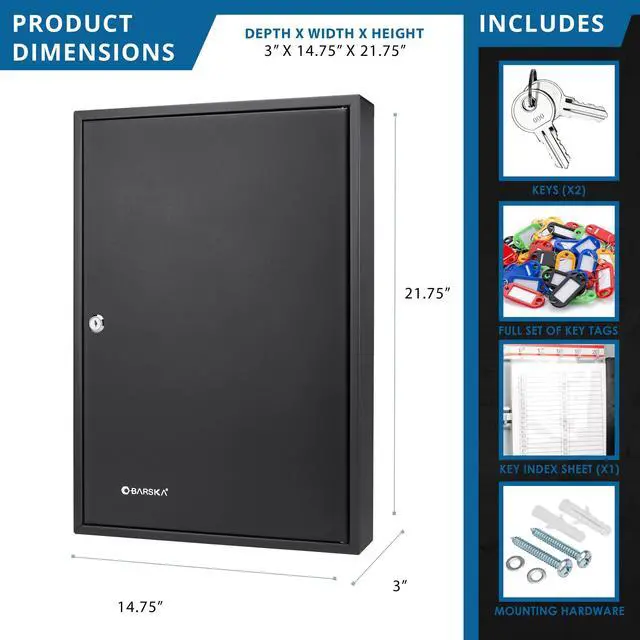 Alt view image 2 of 7 - 100-Position Key Lock Box Solid Steel Key Cabinet with Adjustable Numbered Hooks, Key Log Sheet, Color Tags & Index Chart Wall-Mount Organizer, Black Finish Key Organizer Keybox