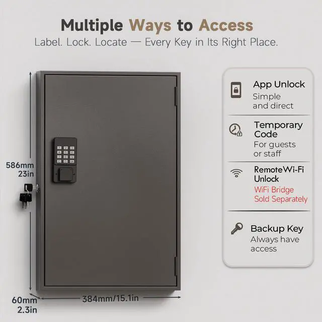 Alt view image 2 of 6 - 120 Key Lock Box Wall Mount Smart Key Cabinet with Keypad for Office | Key Lockbox use Bluetooth App, Custom & One Time Password, WiFi Unlock (Bridge Not Included), For School, Office, Rental