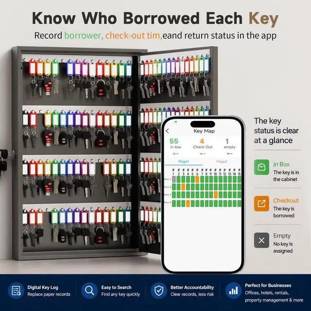 Alt view image 3 of 6 - 120 Key Lock Box Wall Mount Smart Key Cabinet with Keypad for Office | Key Lockbox use Bluetooth App, Custom & One Time Password, WiFi Unlock (Bridge Not Included), For School, Office, Rental
