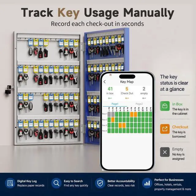 Alt view image 4 of 7 - 96 Key Lock Box, Smart Key Cabinet with Key Management System, App, Bluetooth, Dynamic/Static Password, WiFi Unlock(Sold Separately), Wall-Mount Commercial Key Storage Box for Office, School