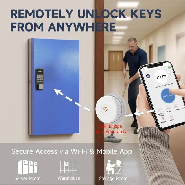 Alt view image 6 of 7 - 96 Key Lock Box, Smart Key Cabinet with Key Management System, App, Bluetooth, Dynamic/Static Password, WiFi Unlock(Sold Separately), Wall-Mount Commercial Key Storage Box for Office, School