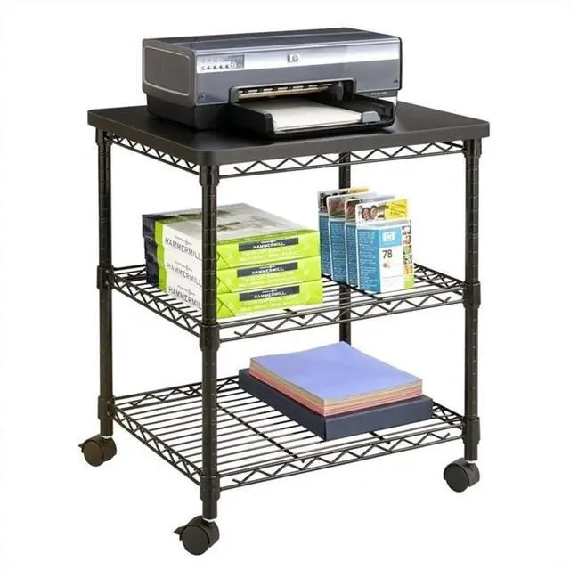 Main image of Deskside 3 Tier Rolling Cart Printer Stand, Mobile Utility Table for Home Office with Steel Shelves, Black