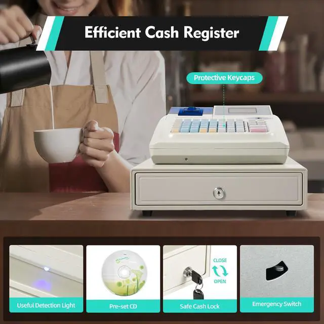 Alt view image 3 of 7 - Cash Register,48 Keys Electronic Cash Register with Cash Drawer,4 Bill 5 Coin Cash Tray with Quick Load Thermal Printer,Cash Drawer with LCM&LED screen, Key,Whit(White-4Bill 5Coin Cash Tray)