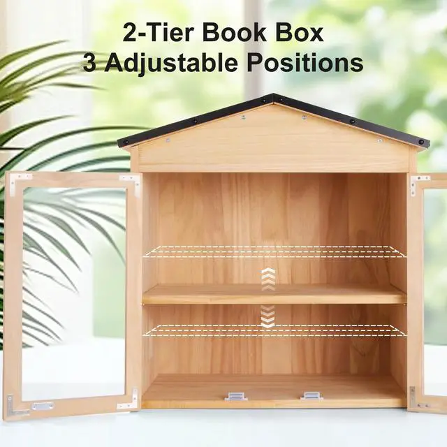 Alt view image 3 of 7 - 2-Tier Indoor/Outdoor Little Library Book Exchange Box - Durable Weatherproof Solid Wood Cabinet with Adjustable Shelves & Rust-Proof Hardware for Community, Schools & Neighborhood Sharing