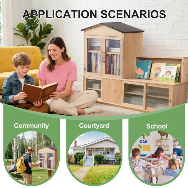 Alt view image 6 of 7 - 2-Tier Indoor/Outdoor Little Library Book Exchange Box - Durable Weatherproof Solid Wood Cabinet with Adjustable Shelves & Rust-Proof Hardware for Community, Schools & Neighborhood Sharing