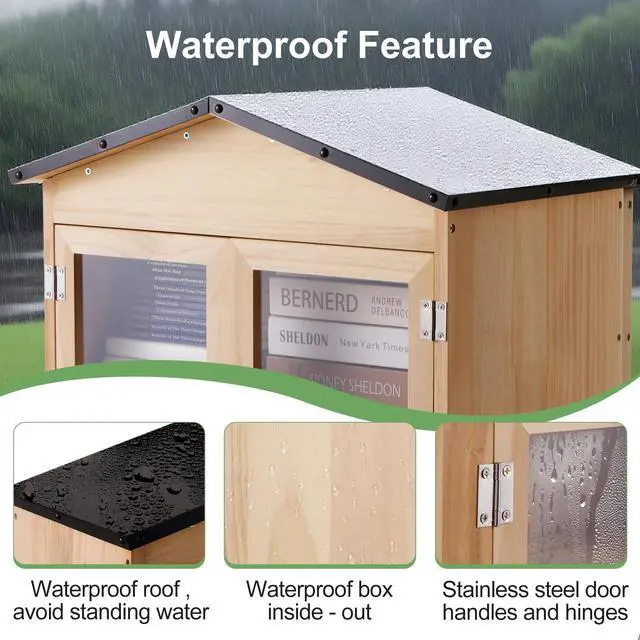 Alt view image 2 of 7 - 2-Tier Indoor/Outdoor Little Library Book Exchange Box - Durable Weatherproof Solid Wood Cabinet with Adjustable Shelves & Rust-Proof Hardware for Community, Schools & Neighborhood Sharing