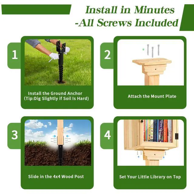 Alt view image 7 of 7 - Little Library Mount Kit No-Dig Ground Anchor, Waterproof 4x4x31.5" Wood Post & Bracket, Easy Setup for Outdoor Use, Supports All Sizes of Little Libraries, Perfect for Community Sharing