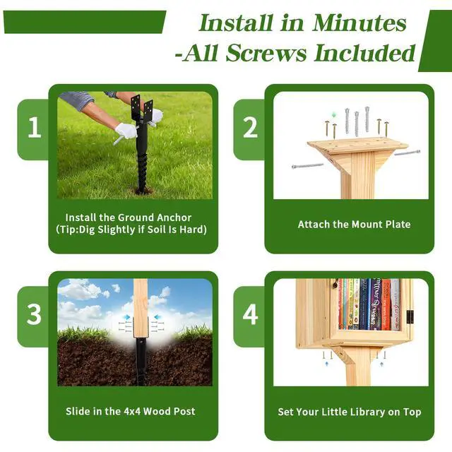 Alt view image 5 of 7 - Little Library Mount Kit Waterproof 4x4x31.5" Wood Post, Post Bracket, No-Dig Ground Anchor, Easy Setup for Outdoor Use, Supports All Sizes of Little Libraries, Perfect for Community Sharing