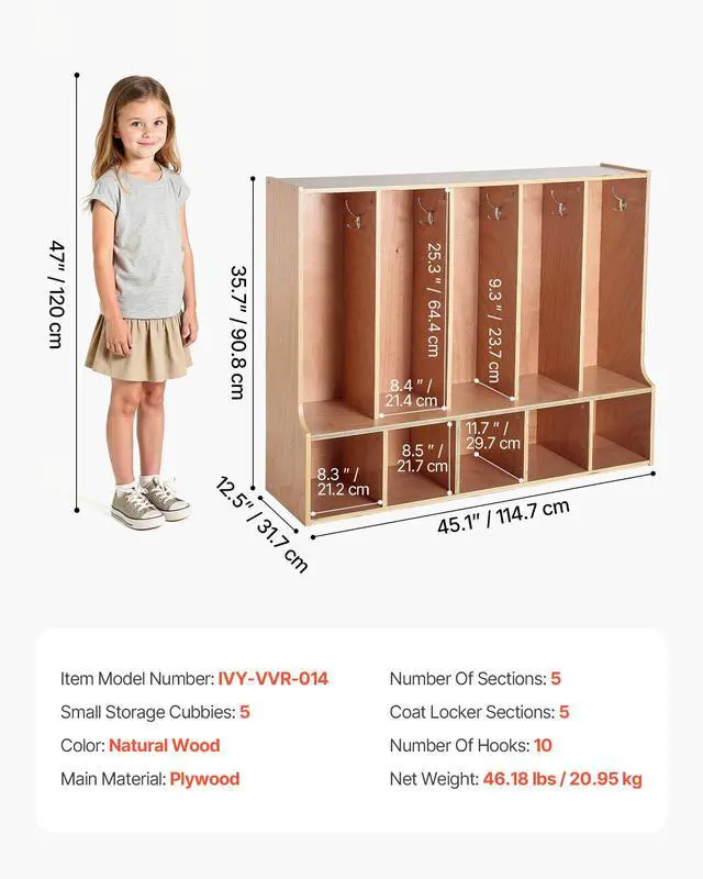 Alt view image 2 of 7 - 5-Section Coat Locker with Bench, Kids Lockers with 10 Hooks & Non-Slip Mat, Classroom Cubbies for Daycare, Home, Kindergarten- Natural