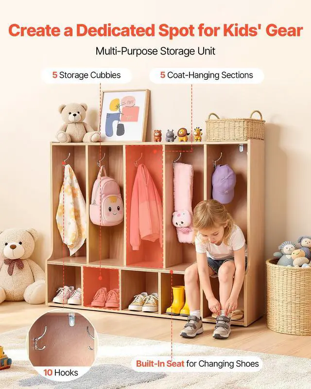 Alt view image 3 of 7 - 5-Section Coat Locker with Bench, Kids Lockers with 10 Hooks & Non-Slip Mat, Classroom Cubbies for Daycare, Home, Kindergarten- Natural