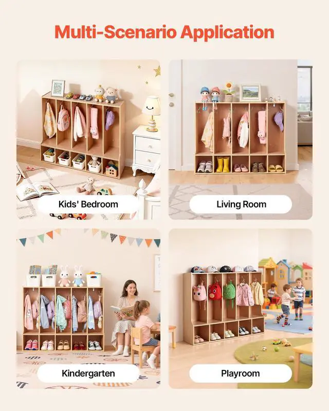 Alt view image 7 of 7 - 5-Section Coat Locker with Bench, Kids Lockers with 10 Hooks & Non-Slip Mat, Classroom Cubbies for Daycare, Home, Kindergarten- Natural