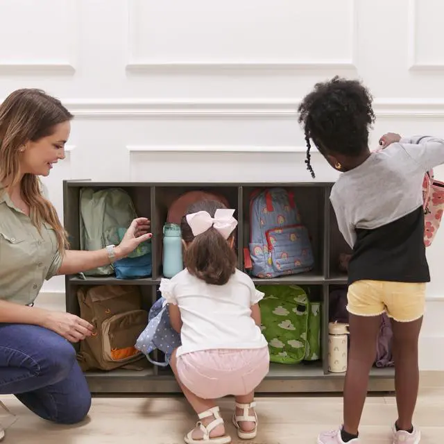 Alt view image 2 of 7 - 8-Compartment Mobile Backpack Storage Cabinet, Classroom Furniture, Grey Wash