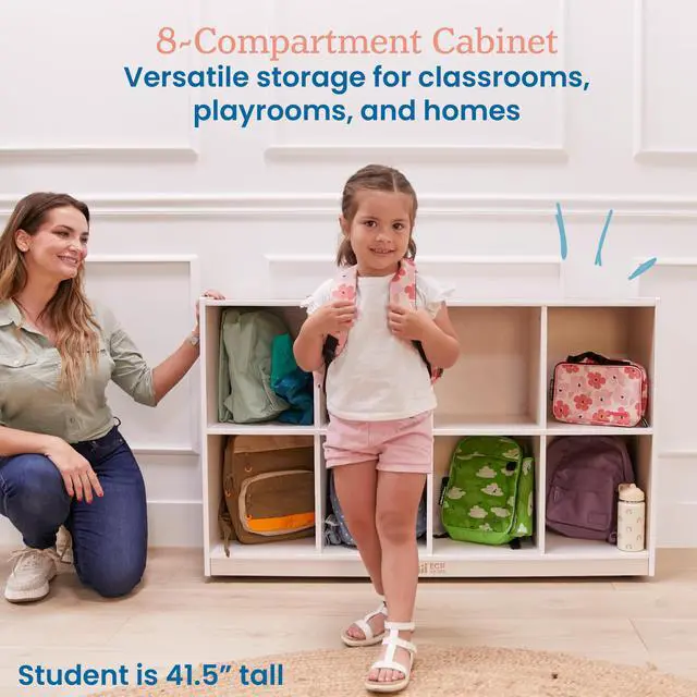 Alt view image 4 of 7 - 8-Compartment Mobile Backpack Storage Cabinet, Classroom Furniture, White Wash