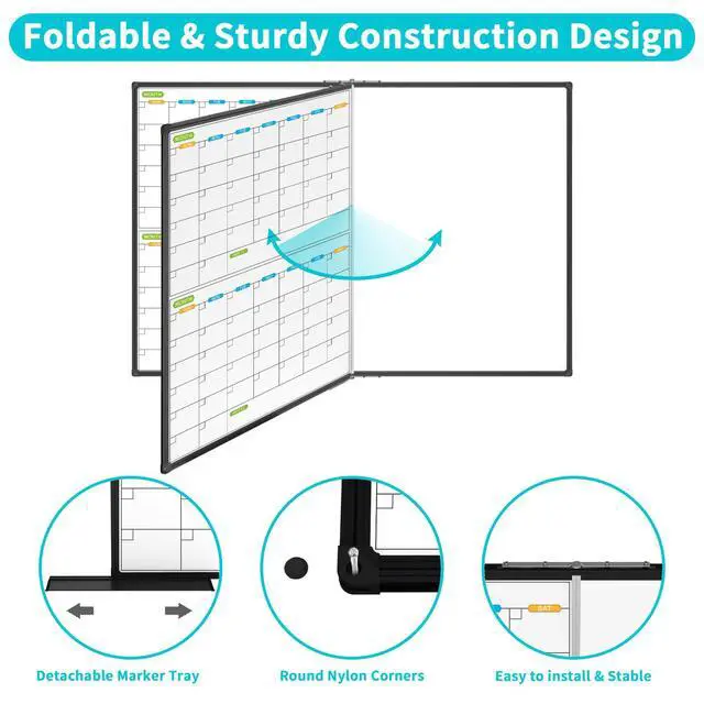 Alt view image 3 of 6 - Magnetic Foldable Dry Erase Calendar Whiteboard Combo, 2 Month Calendar Board & White Board 60 X 40 Inch, Black Aluminum Frame Wall Mounted Board for Office Home and School