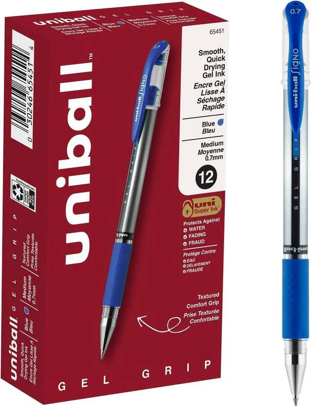 Main image of uniball Signo Grip Gel Pen, Stick, Medium 0.7 Mm, Blue Ink, Silver/blue Barrel (Pack of 144)