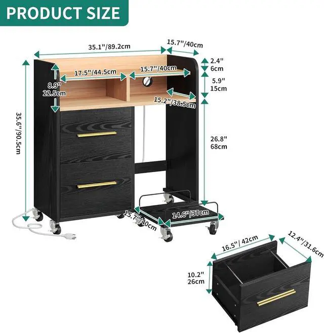 Alt view image 3 of 5 - File Cabinet with Charging Station | Printer Table Cabinet for Home Office,Printer Stand Cart,Fits A4,Letter,Legal Size Files,Office Furniture,Black