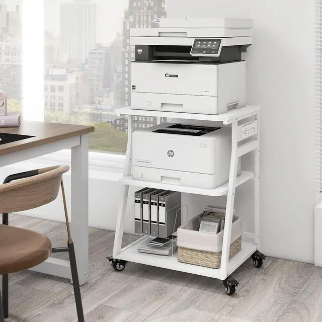 Main image of 3 Tier Large Printer Stand, 24"x20", with Charging Station,White | Rolling Printer Table with Adjustable Shelf for Home Office Organization, with Industrial Wheels,Safe Rounded Edge Design