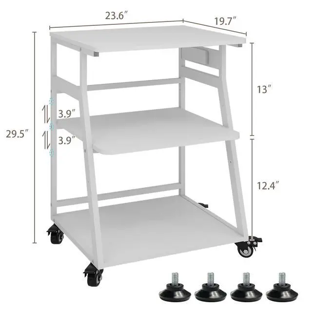 Alt view image 3 of 7 - 3 Tier Large Printer Stand, 24"x20", with Charging Station,White | Rolling Printer Table with Adjustable Shelf for Home Office Organization, with Industrial Wheels,Safe Rounded Edge Design