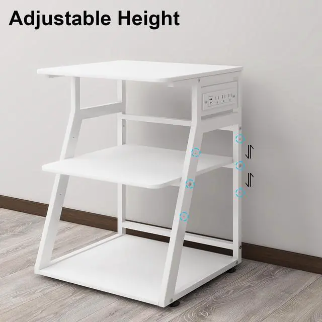 Alt view image 5 of 7 - 3 Tier Large Printer Stand, 24"x20", with Charging Station,White | Rolling Printer Table with Adjustable Shelf for Home Office Organization, with Industrial Wheels,Safe Rounded Edge Design