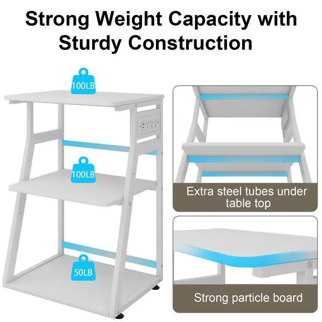 Alt view image 4 of 7 - 3 Tier Large Printer Stand, 24"x20", with Charging Station,White | Rolling Printer Table with Adjustable Shelf for Home Office Organization, with Industrial Wheels,Safe Rounded Edge Design