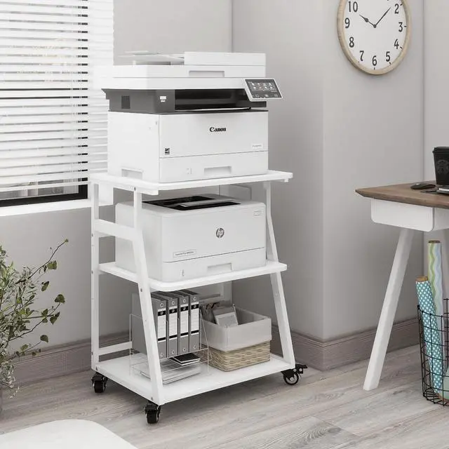 Alt view image 2 of 7 - 3 Tier Large Printer Stand, 24"x20", with Charging Station,White | Rolling Printer Table with Adjustable Shelf for Home Office Organization, with Industrial Wheels,Safe Rounded Edge Design