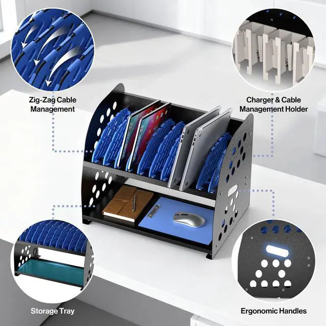 Alt view image 4 of 7 - 10-Device Open Charging Station for Chromebooks Tablets with Sockets | Laptop Storage Rack with Cable Management & Storage Space, Multi-Device Charging Organizer for Classroom, Office, Hospital