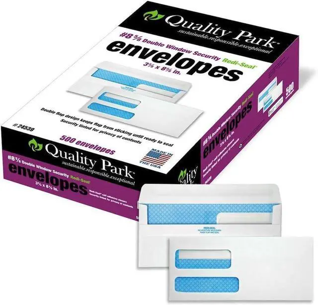 Main image of #8 5/8 Security Envelopes,Double Window,Self Seal Envelopes for Invoices/Statements,3-5/8" x 8-5/8",24 lb White,500/Box (QUA24539),(Pack of 5)