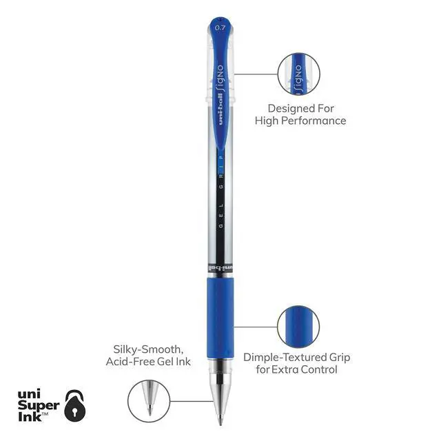 Alt view image 7 of 7 - uniball Signo Grip Gel Pen, Stick, Medium 0.7 Mm, Blue Ink, Silver/blue Barrel (Pack of 144)