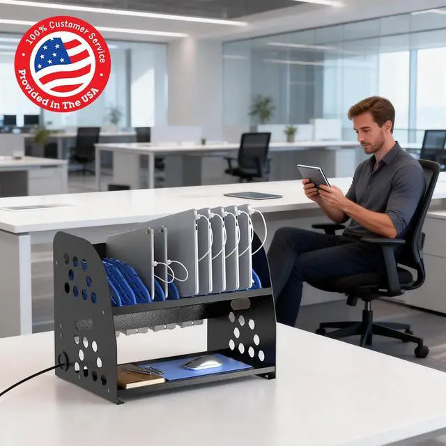 Alt view image 2 of 7 - 10-Device Open Charging Station for Chromebooks Tablets with Sockets | Laptop Storage Rack with Cable Management & Storage Space, Multi-Device Charging Organizer for Classroom, Office, Hospital