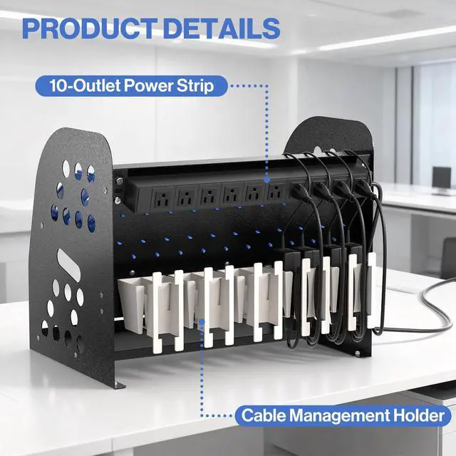 Alt view image 5 of 7 - 10-Device Open Charging Station for Chromebooks Tablets with Sockets | Laptop Storage Rack with Cable Management & Storage Space, Multi-Device Charging Organizer for Classroom, Office, Hospital