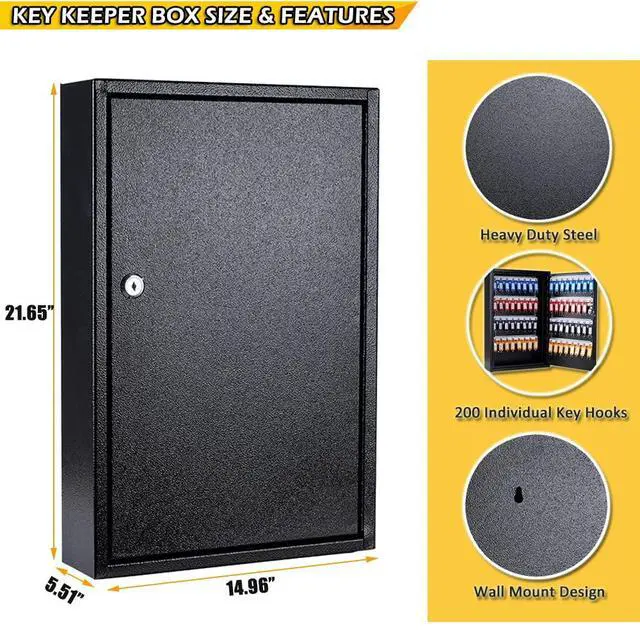 Alt view image 2 of 6 - Key Box Wall Mount 200 Position Metal Locking Key Cabinet Organizer with Key Tags Key Safe Security Storage Lockbox Holder for Valets, Hotels, Car and House Keys, Key Keeper Box - Black