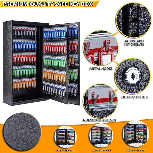 Alt view image 3 of 6 - Key Box Wall Mount 200 Position Metal Locking Key Cabinet Organizer with Key Tags Key Safe Security Storage Lockbox Holder for Valets, Hotels, Car and House Keys, Key Keeper Box - Black