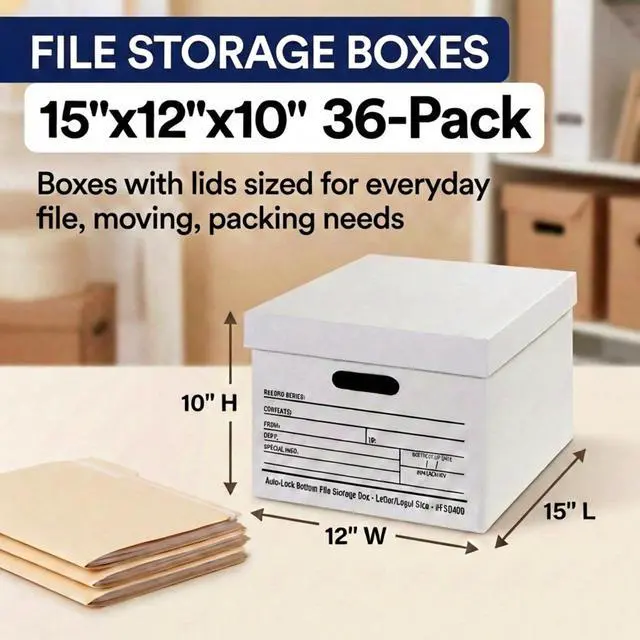 Alt view image 2 of 7 - File Boxes with Lids and Handles (36-Pack) - File Storage Boxes for Office Supplies, Book Storage, Moving, and Packaging, Fits Letter and Legal Paper, Removable Lid
