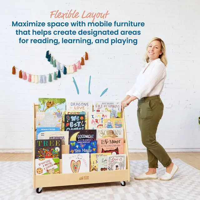 Alt view image 6 of 7 - Double-Sided Mobile Wooden Book Display, Classroom Organization, Natural | Independent book browsing, 10 deep shelves, durable birch, GREENGUARD Gold Certified