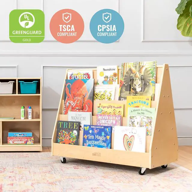 Alt view image 7 of 7 - Double-Sided Mobile Wooden Book Display, Classroom Organization, Natural | Independent book browsing, 10 deep shelves, durable birch, GREENGUARD Gold Certified