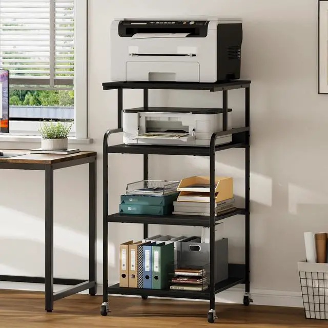 Main image of Extra Tall & Large Printer Stand, 24" x 24"x 46'' Height 4 Tier Metal Printer Table for Home Office, Printer Stand with Adjustable Storage Shelf, Rolling Cart for 3D Laser Printer (Black)