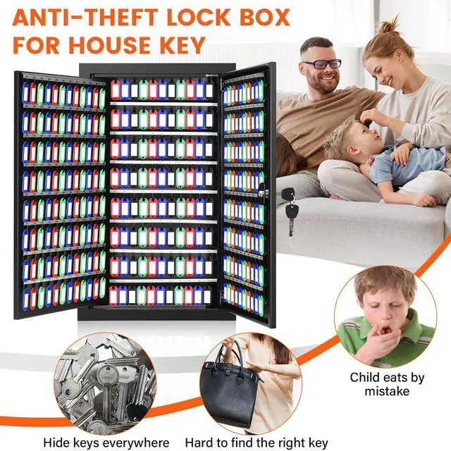 Alt view image 5 of 7 - 376 Keys Key Lock Box Wall Mount with 376 Numbered Hooks and 376 Colored Key Tags, Anti-Theft Key Cabinet with Key Return Drop Slot, Key Storage Box Key Organizer for Car Garage Home Office